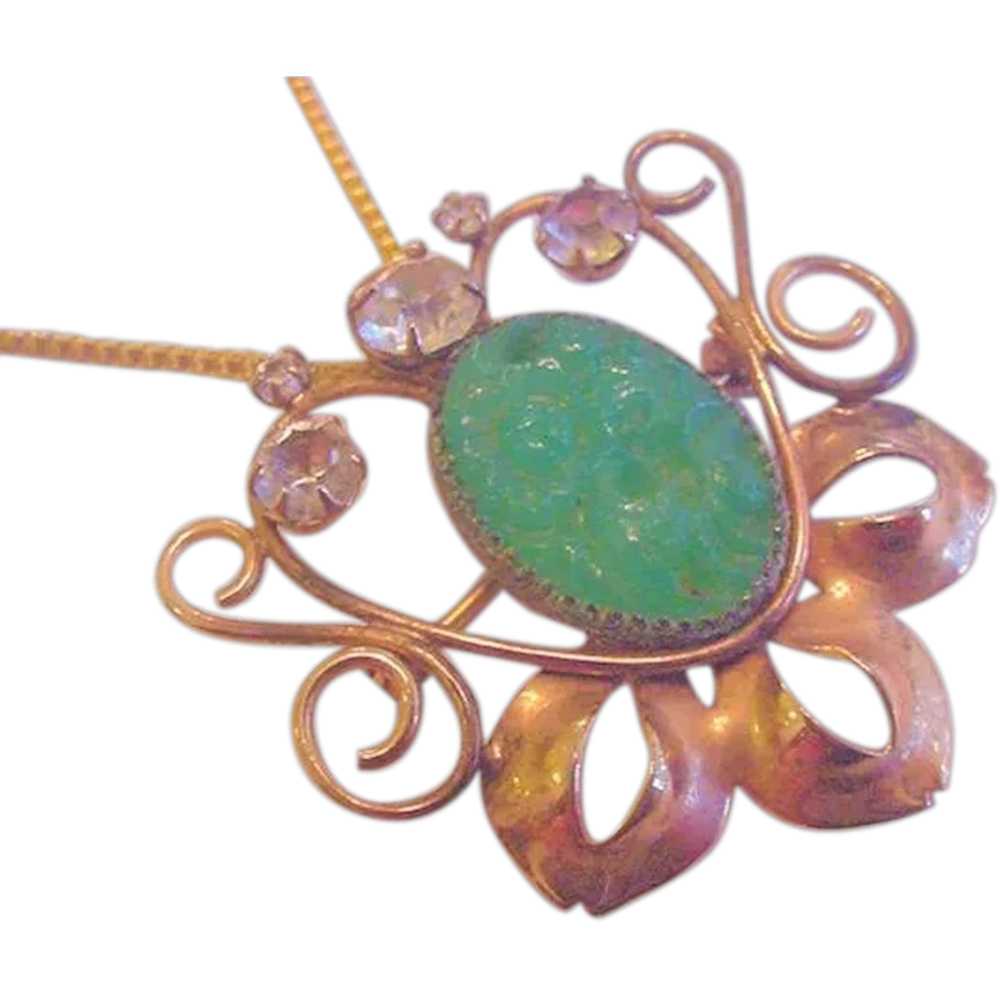 Mid-Century Jade Glass Pin Pendant Necklace - image 1