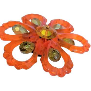 Large Orange Lucite and Crystal Pin