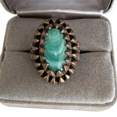 Vintage Brass and Green Glass Ring - image 1