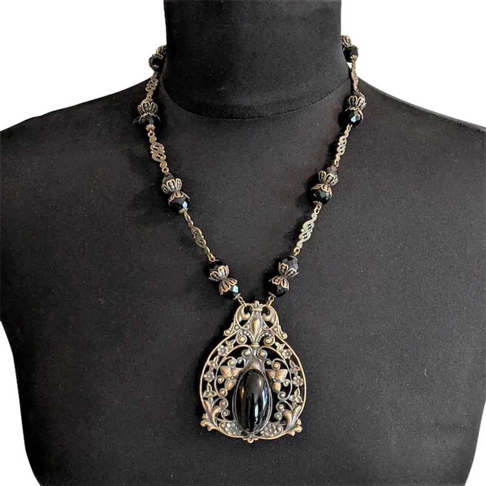 Victorian Revival Black Glass and Brass Necklace - image 1