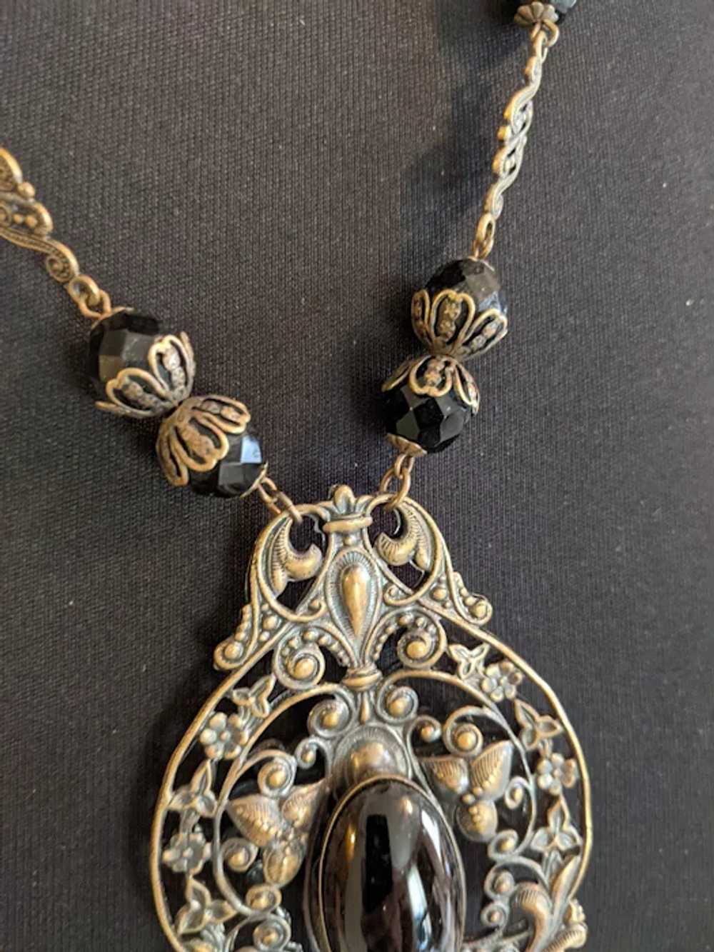 Victorian Revival Black Glass and Brass Necklace - image 3