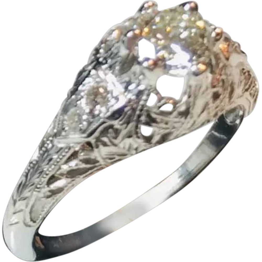 18k White Gold Diamond Deco Filigree Engagement R… - image 1