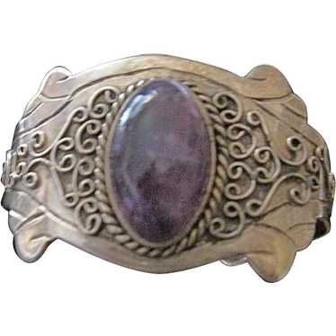Old Mexican Sterling  Amethyst Cuff Bracelet Large