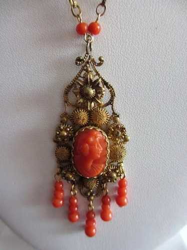 14 Kt Gold Victorian Coral Cameo Pendant and Chain