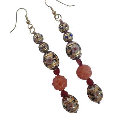 Vintage Cloisonne And Carved Carnelian Bead Dangl… - image 1