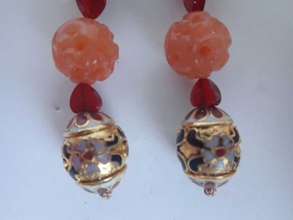 Vintage Cloisonne And Carved Carnelian Bead Dangl… - image 3