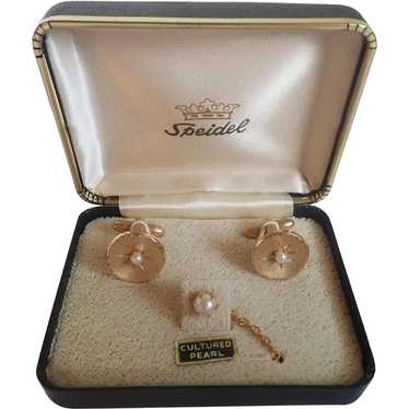 Vintage Speidel Cultured Pearl Gold Tone Cufflink… - image 1