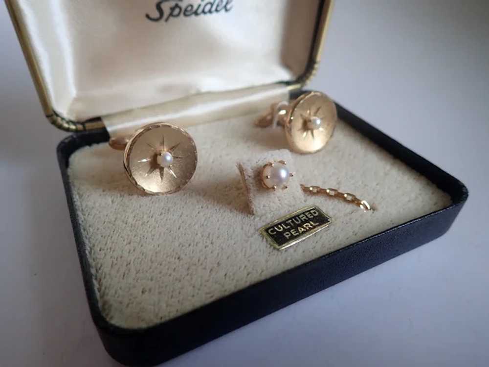 Vintage Speidel Cultured Pearl Gold Tone Cufflink… - image 3