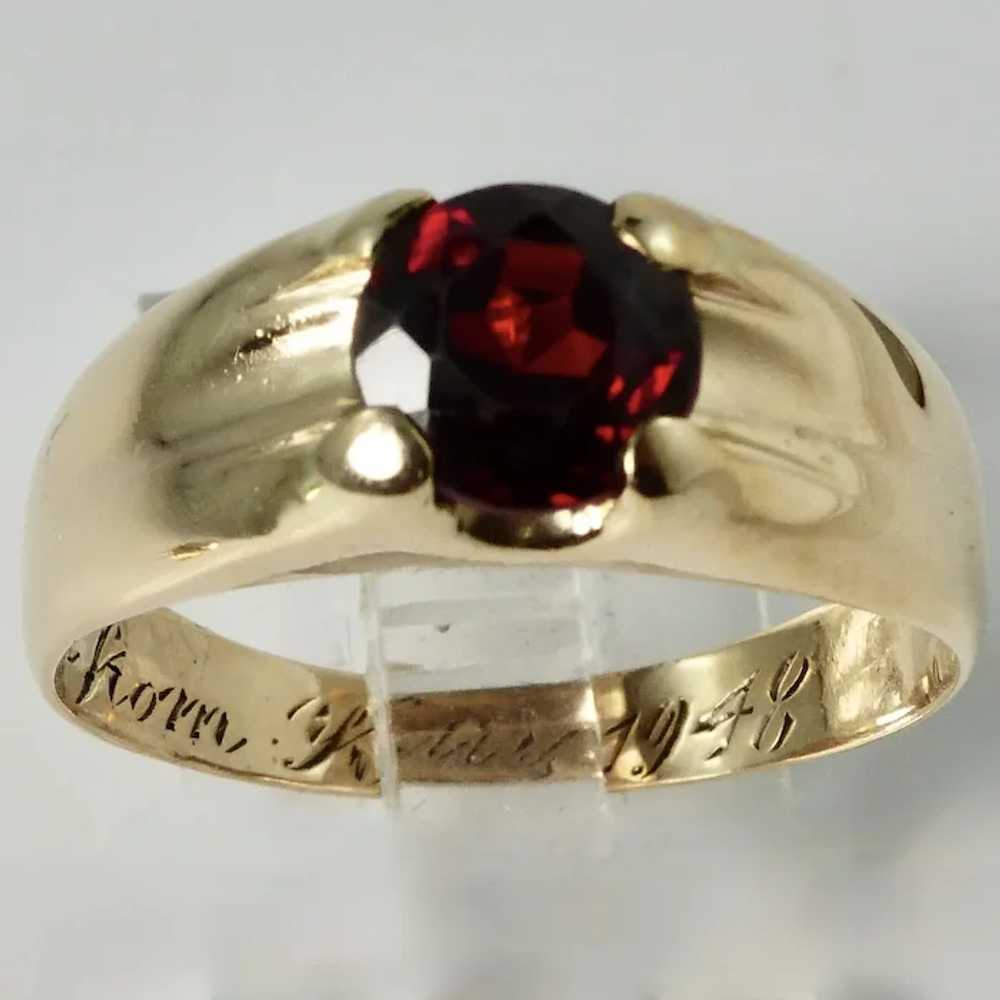 Wide Band 10K YG Red Garnet Gent's Ring - image 3