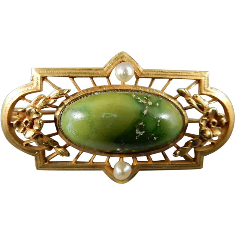 14 Karat Agate and Seed Pearl Pin - image 1