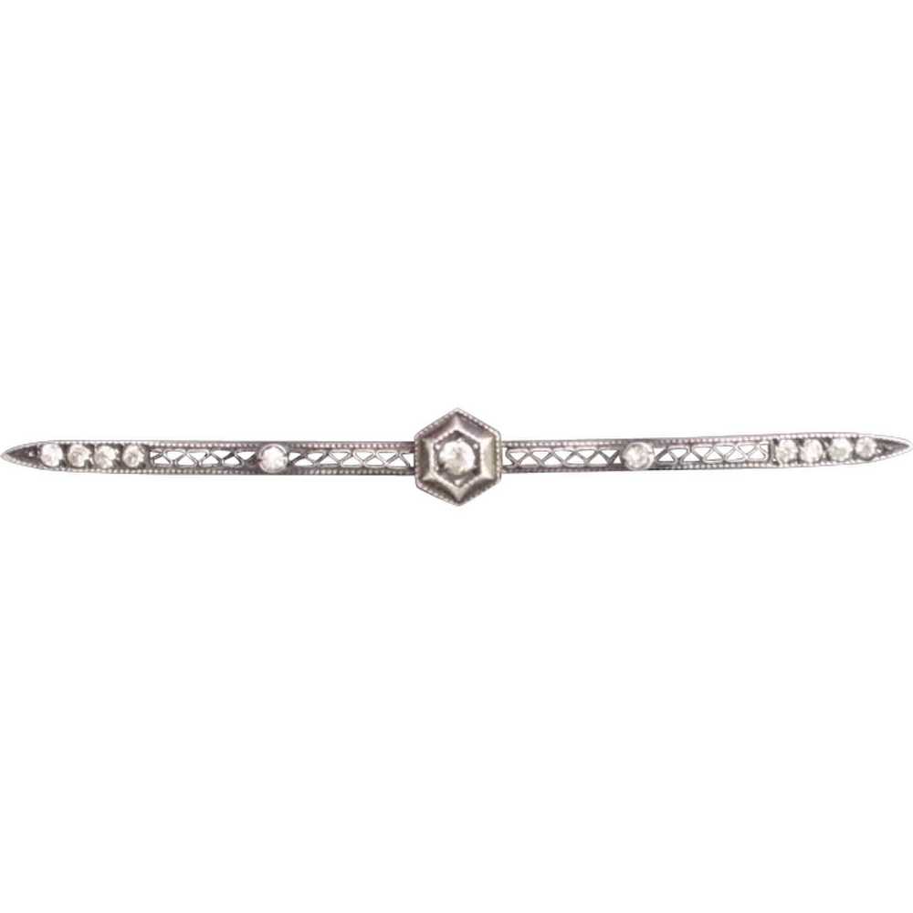 Vintage Sterling Silver Filigree Bar Pin with Rhi… - image 1