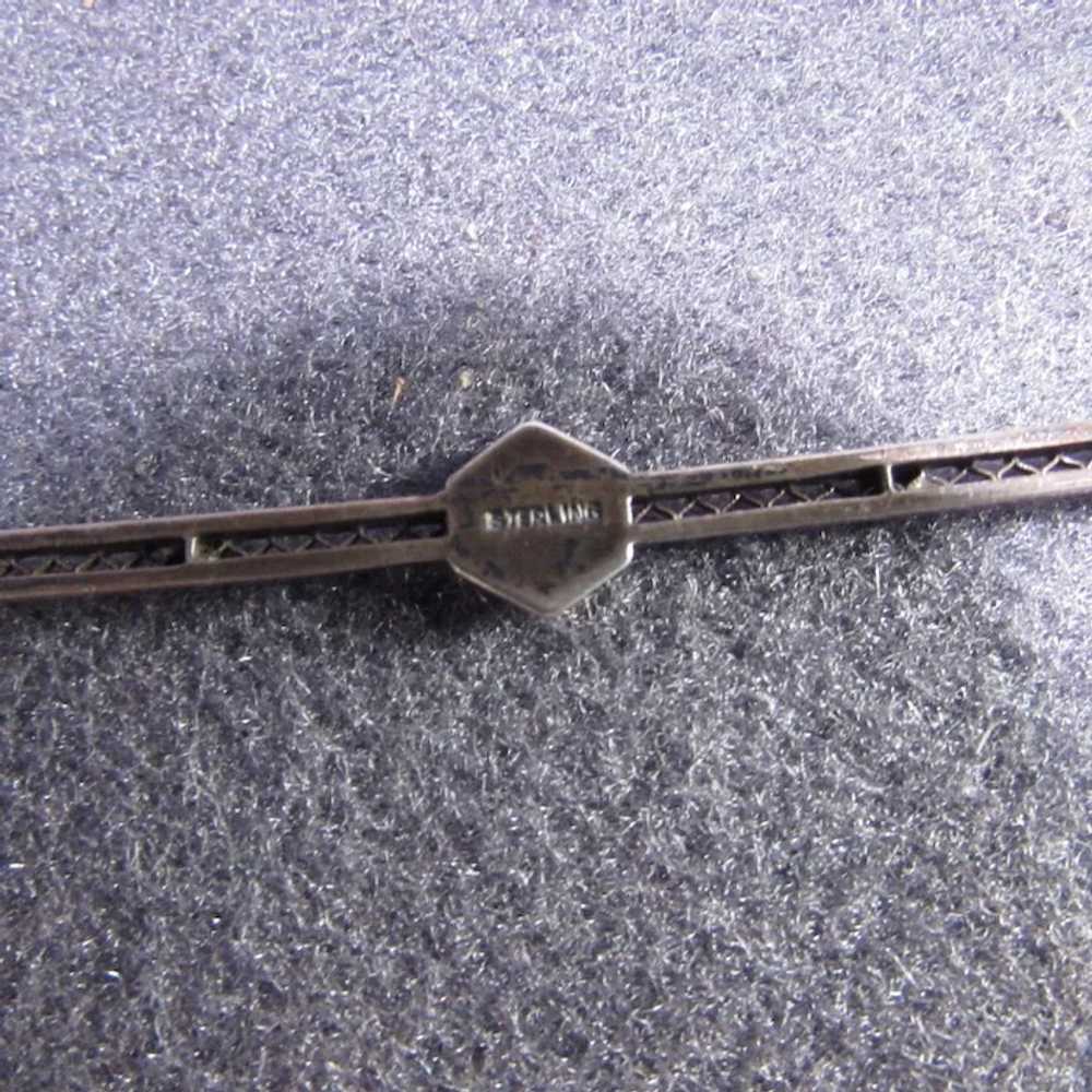 Vintage Sterling Silver Filigree Bar Pin with Rhi… - image 4