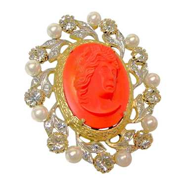 c.1950 ROSENSTEIN ~Glass Coral Cameo ~Faux Pearls… - image 1