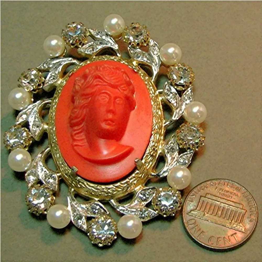 c.1950 ROSENSTEIN ~Glass Coral Cameo ~Faux Pearls… - image 4