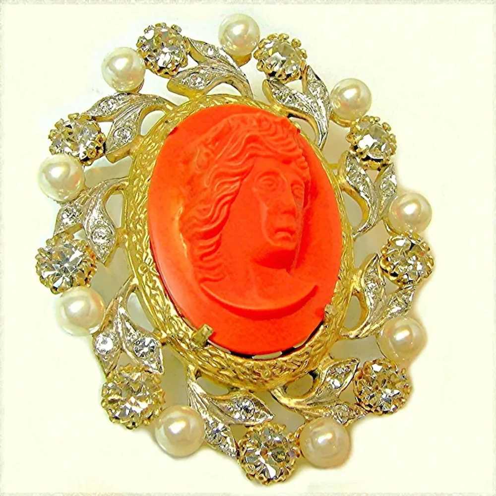 c.1950 ROSENSTEIN ~Glass Coral Cameo ~Faux Pearls… - image 5