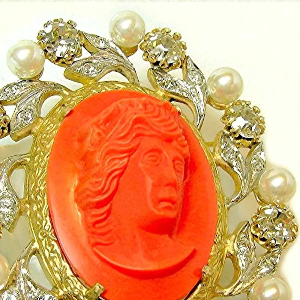 c.1950 ROSENSTEIN ~Glass Coral Cameo ~Faux Pearls… - image 6