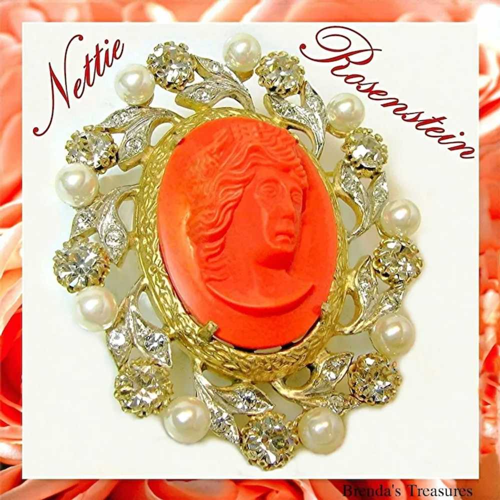 c.1950 ROSENSTEIN ~Glass Coral Cameo ~Faux Pearls… - image 8