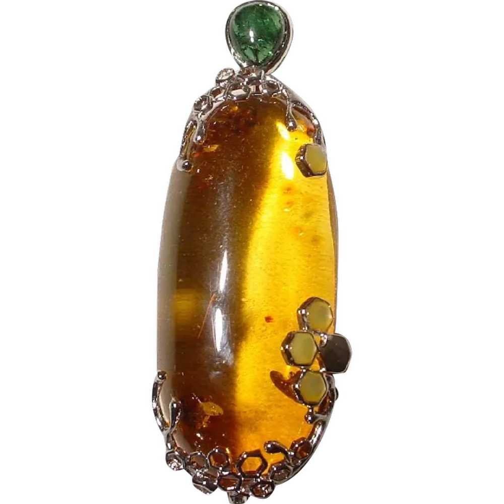 Giant Amber Pendant Elongate Shaped Dome Silver 7… - image 1