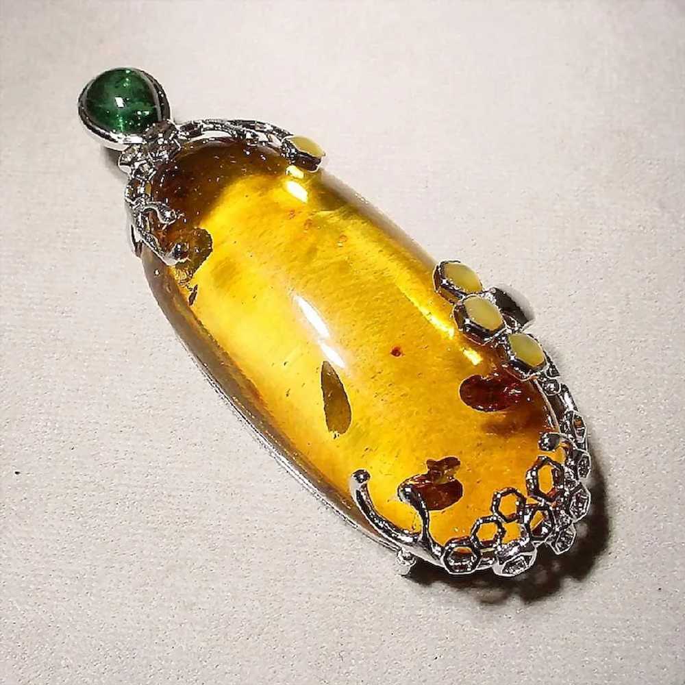 Giant Amber Pendant Elongate Shaped Dome Silver 7… - image 3