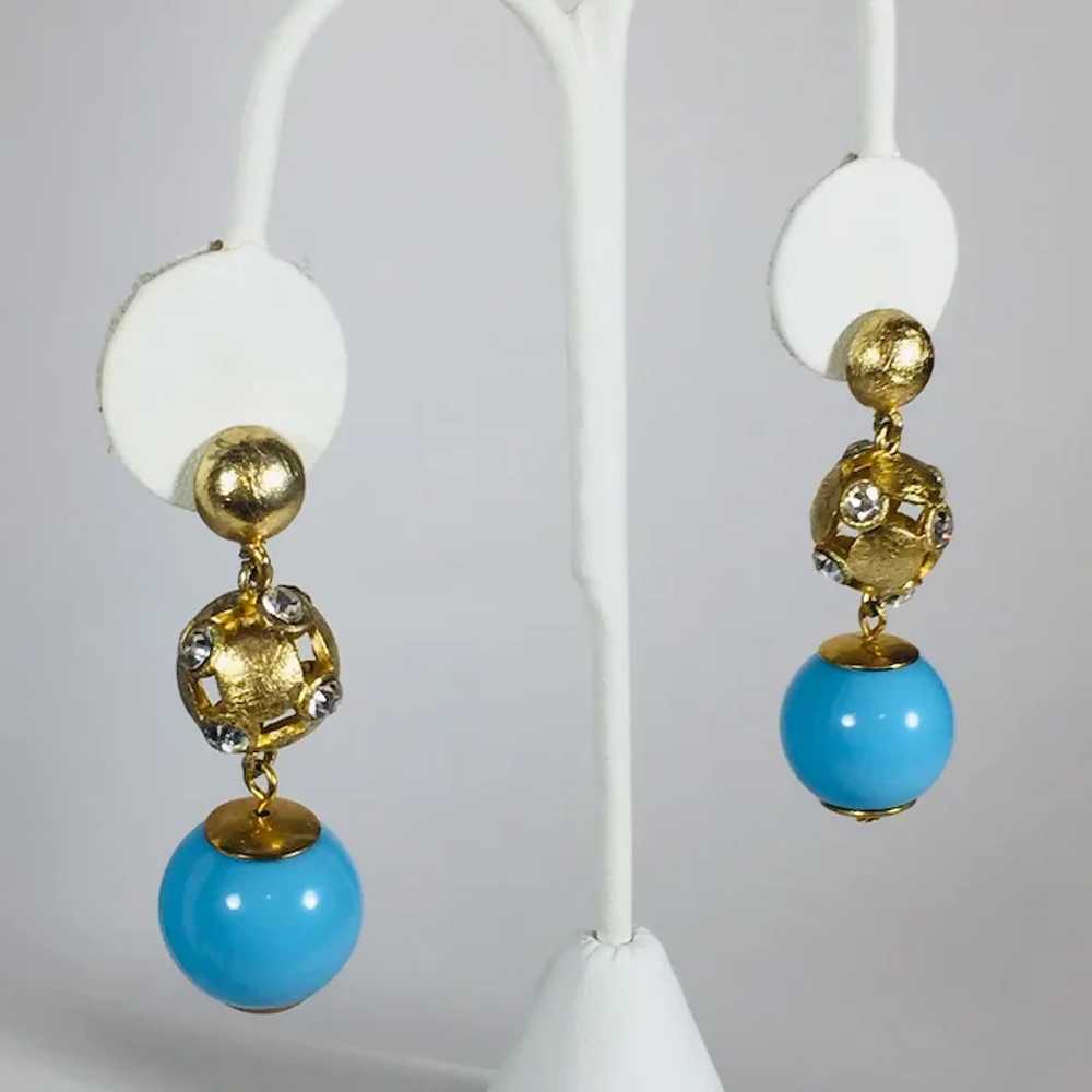 Gold Tone and Rhinestone Earrings with Turquoise … - image 2