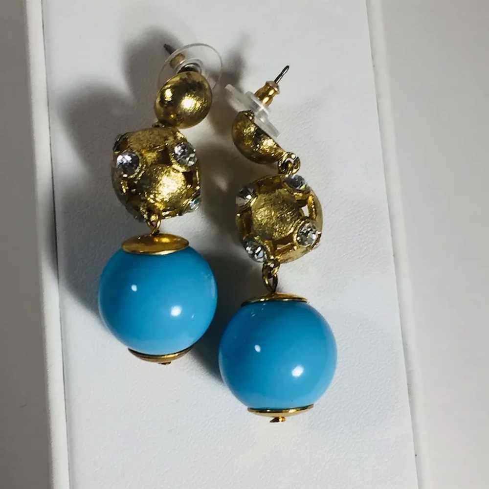 Gold Tone and Rhinestone Earrings with Turquoise … - image 3