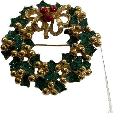 Sparkly Christmas Holly Wreath Pin - image 1