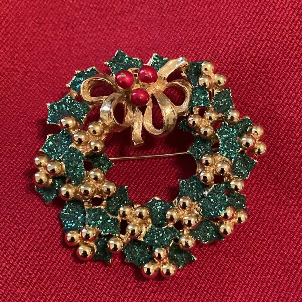 Sparkly Christmas Holly Wreath Pin - image 2