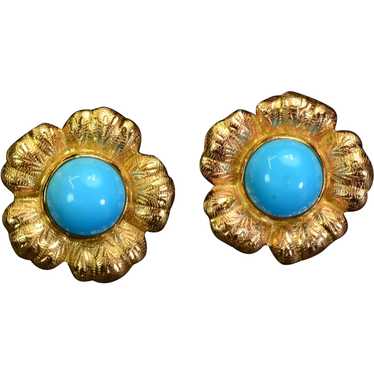 24ct Turquoise 18k Gold Earrings Vintage Estate - image 1