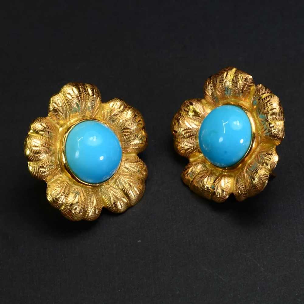 24ct Turquoise 18k Gold Earrings Vintage Estate - image 2