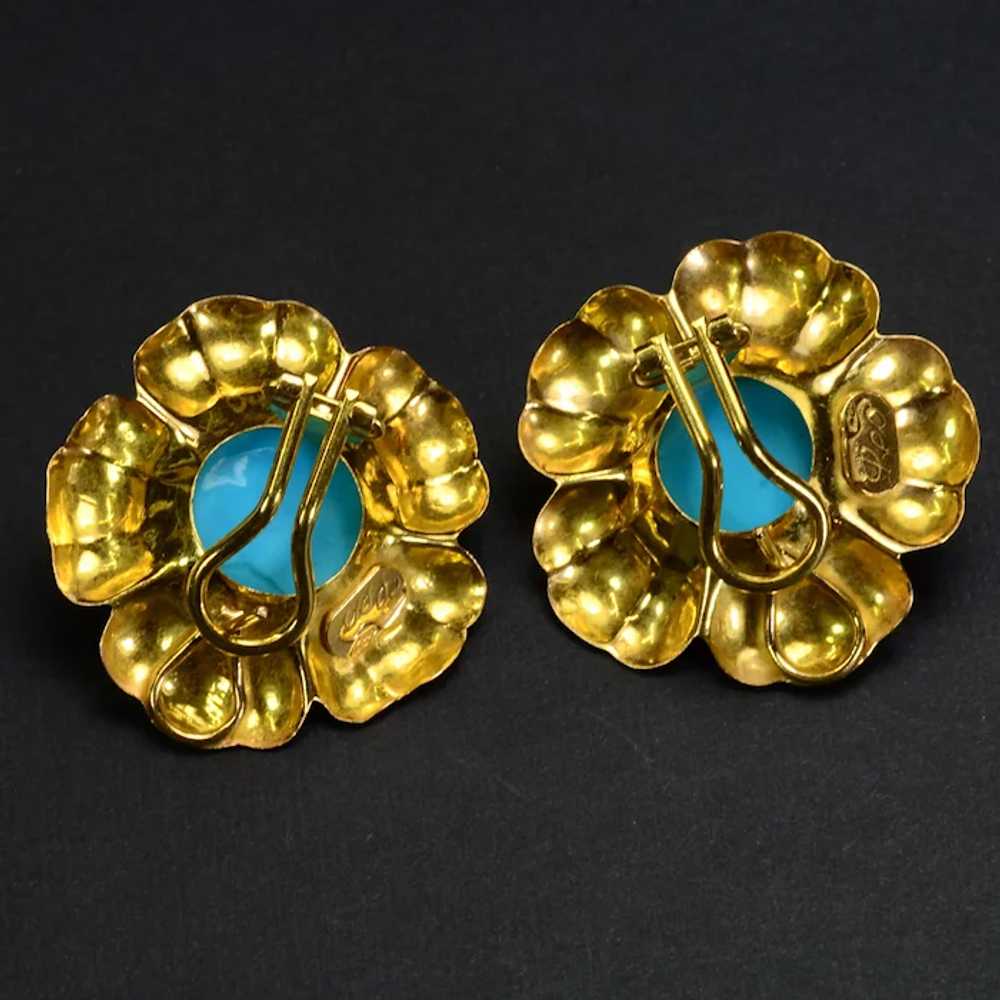 24ct Turquoise 18k Gold Earrings Vintage Estate - image 3