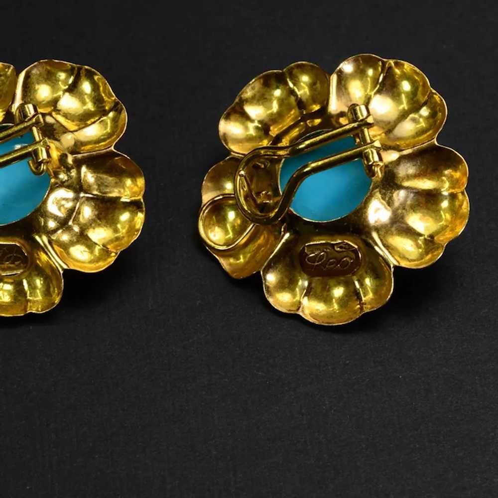 24ct Turquoise 18k Gold Earrings Vintage Estate - image 4