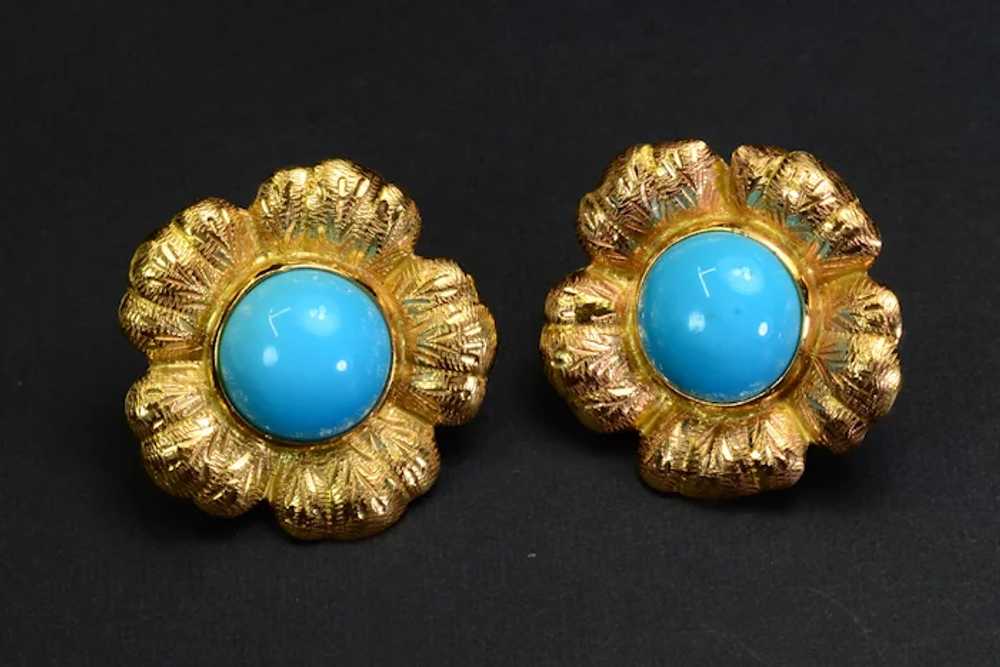 24ct Turquoise 18k Gold Earrings Vintage Estate - image 6