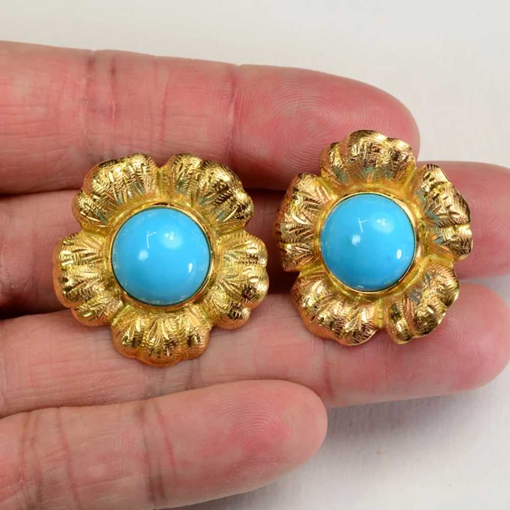 24ct Turquoise 18k Gold Earrings Vintage Estate - image 9