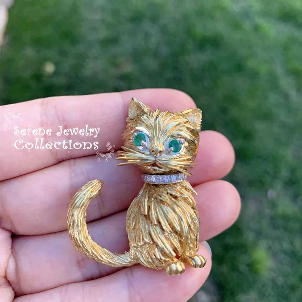 Tiffany Emerald Diamond 18k Yellow Gold Cat Brooc… - image 11