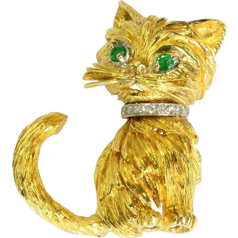 Tiffany Emerald Diamond 18k Yellow Gold Cat Brooc… - image 1