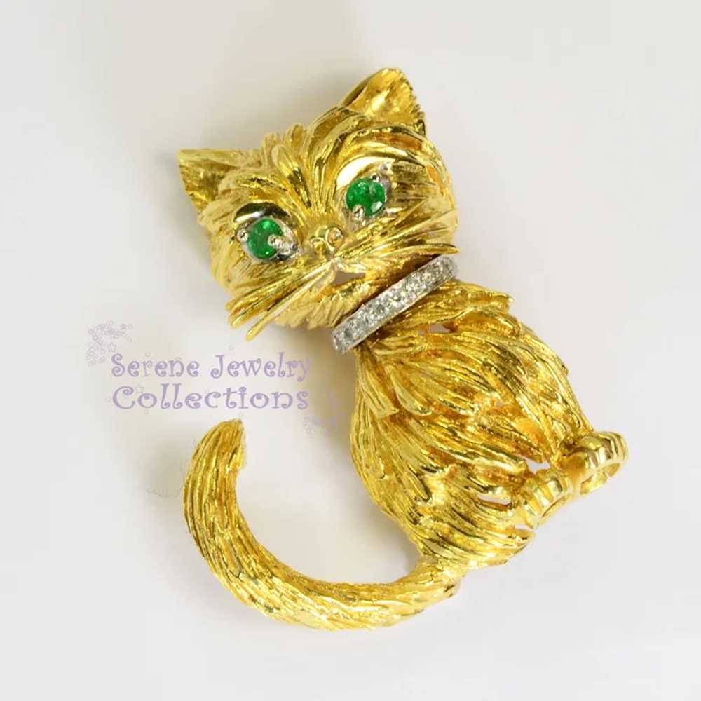 Tiffany Emerald Diamond 18k Yellow Gold Cat Brooc… - image 2