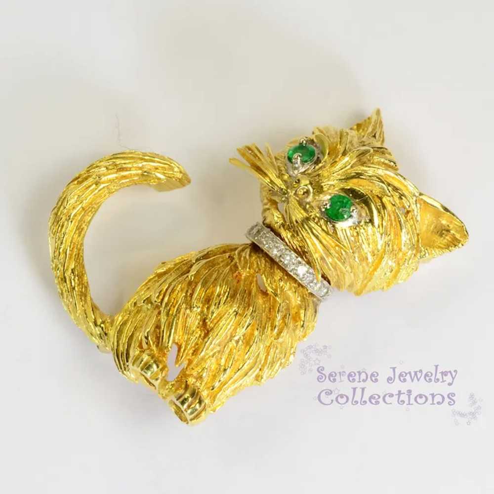 Tiffany Emerald Diamond 18k Yellow Gold Cat Brooc… - image 3