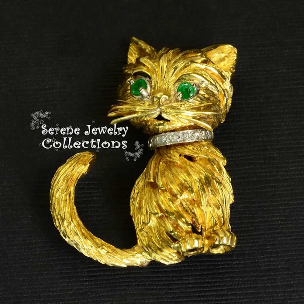 Tiffany Emerald Diamond 18k Yellow Gold Cat Brooc… - image 5