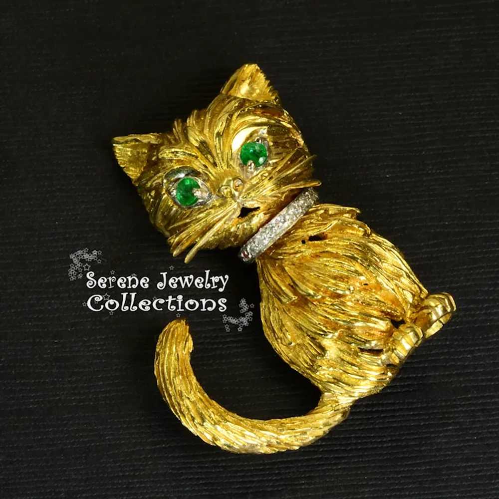 Tiffany Emerald Diamond 18k Yellow Gold Cat Brooc… - image 6