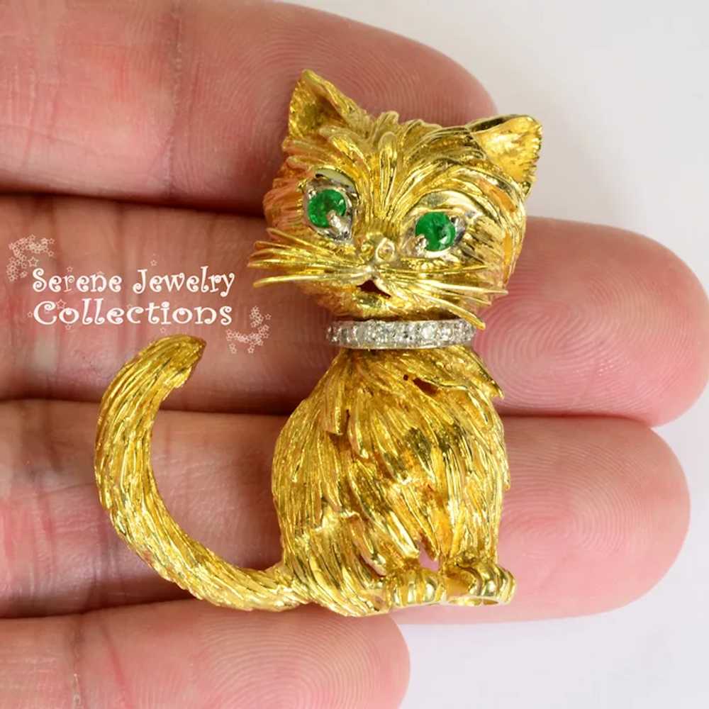 Tiffany Emerald Diamond 18k Yellow Gold Cat Brooc… - image 7