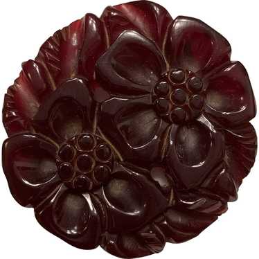 Wine Bakelite carved Floral Pin