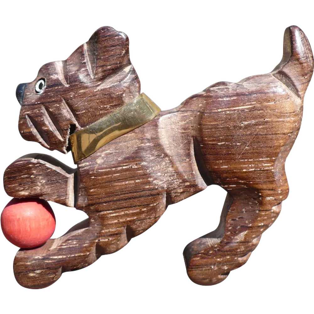 Hand Carved Wood Dog Pin - image 1