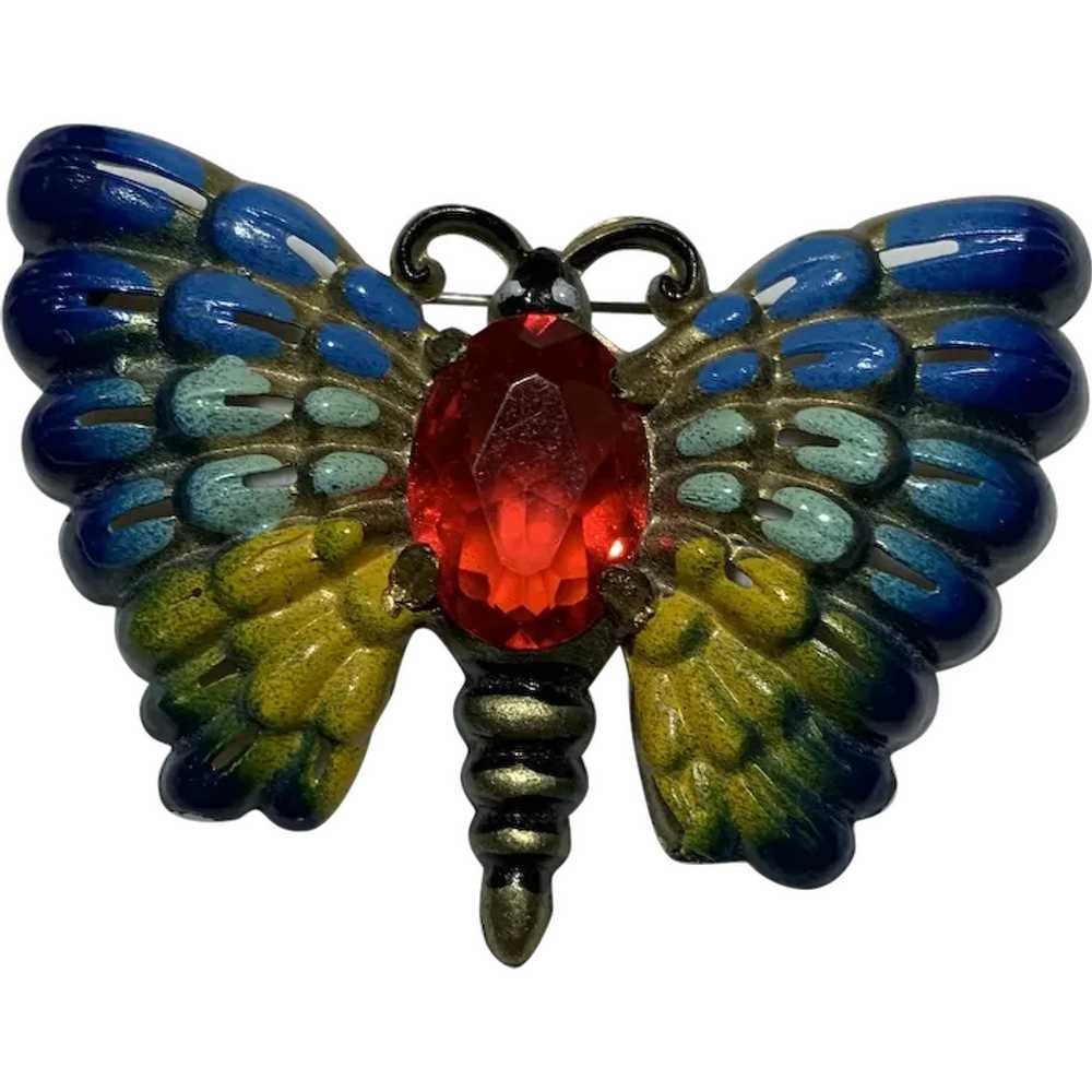 Celluloid Rhinestone Butterfly Pin - image 1