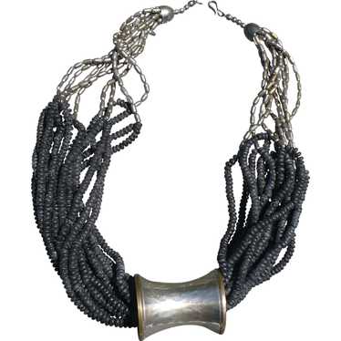 Brutalist  Bead Silvertone Necklace