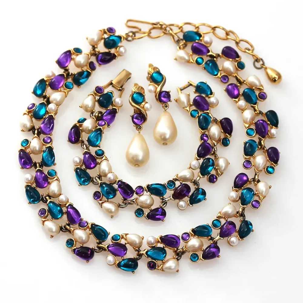 TRIFARI Set Purple, Blue Cabochons w/ Faux Pearls… - image 2