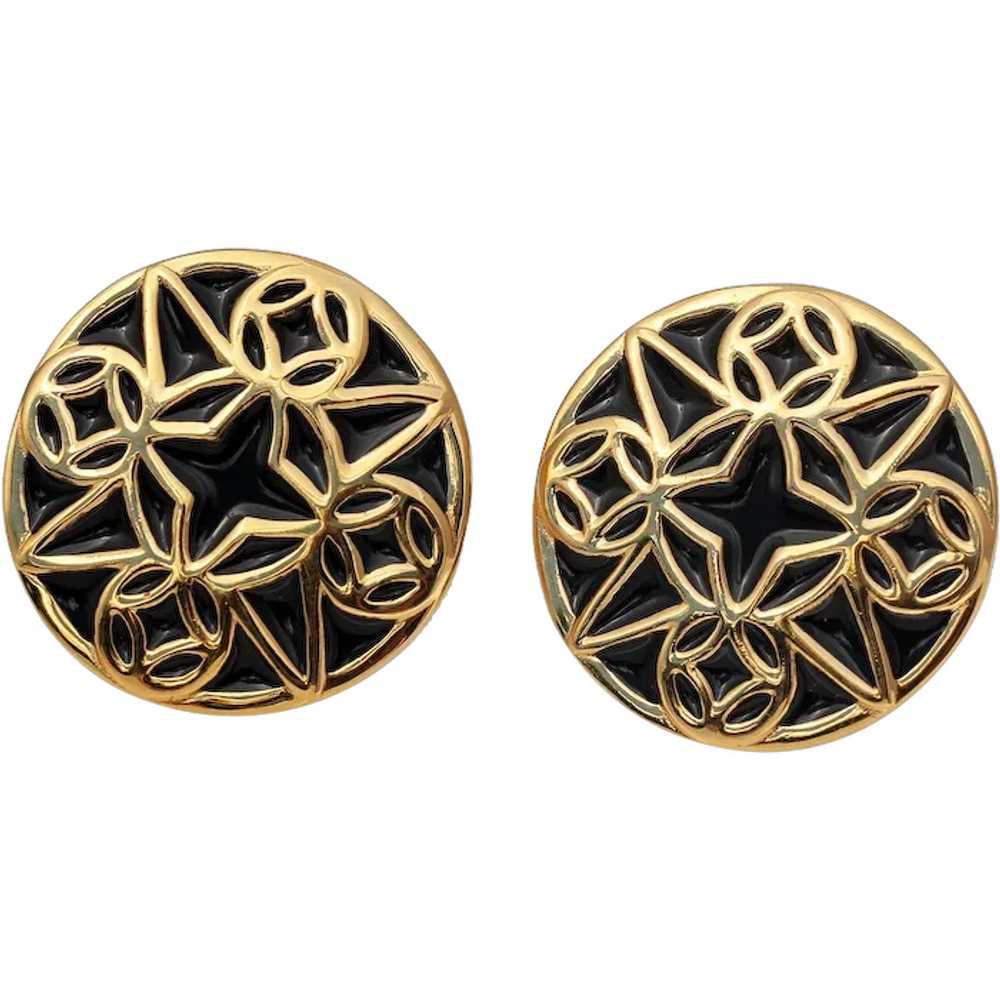 Givenchy Clip Earrings, Gilt and Black Enamel Mod… - image 1