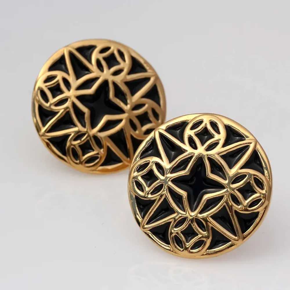 Givenchy Clip Earrings, Gilt and Black Enamel Mod… - image 2