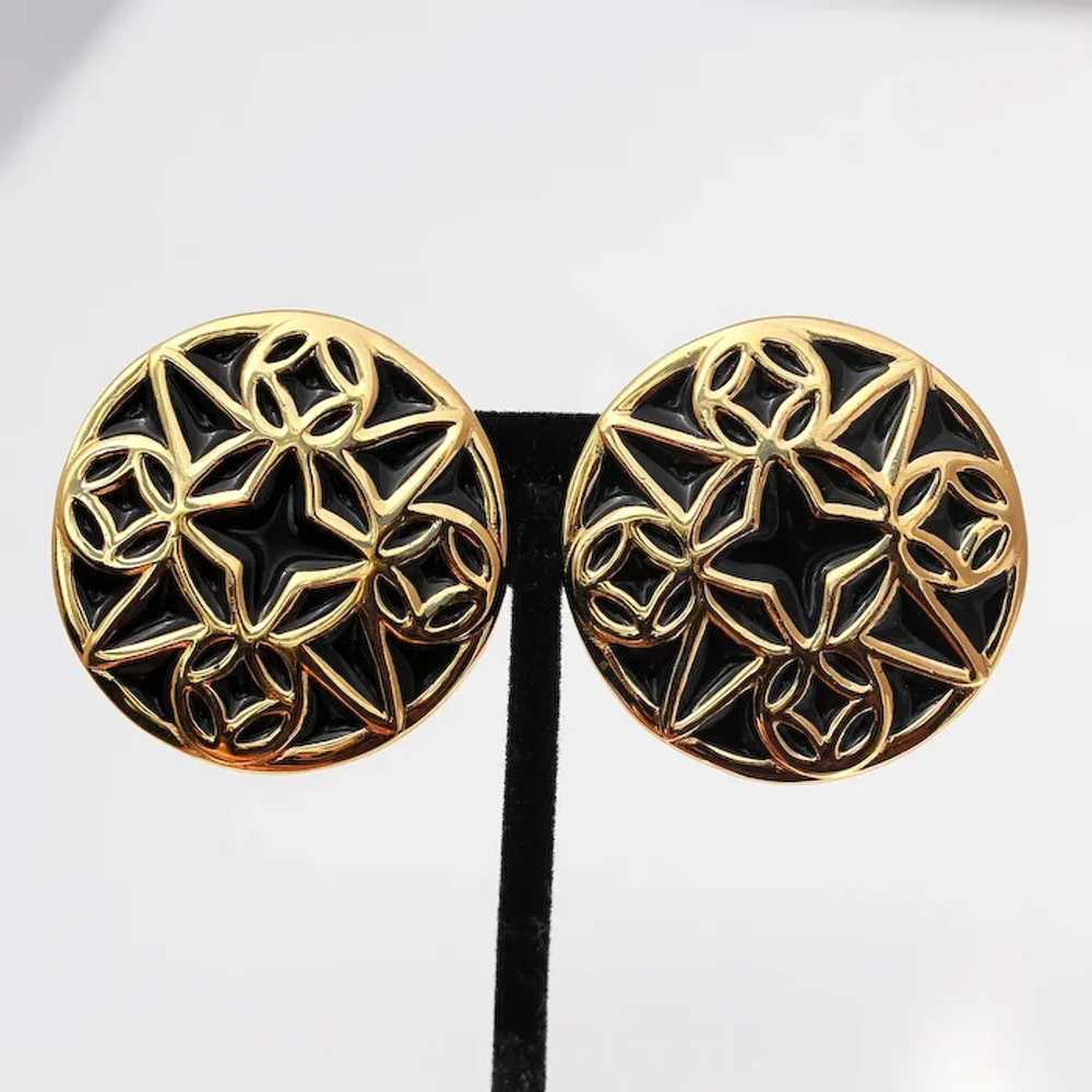 Givenchy Clip Earrings, Gilt and Black Enamel Mod… - image 3