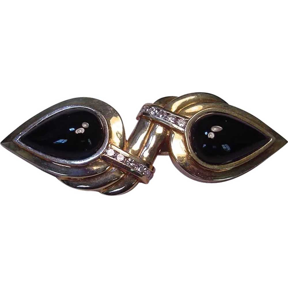 Unique Signed Designer 14k YG Diamonds Onyx Brooch - image 1