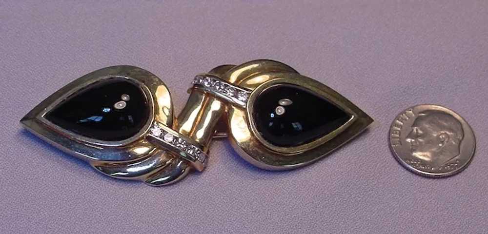 Unique Signed Designer 14k YG Diamonds Onyx Brooch - image 3